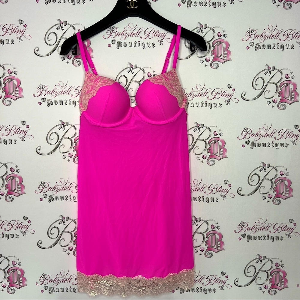 Victoria’s Secret dress bright bubblegum pink with shimmer lace cream colour y2k